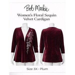 Bob Mackie Womens Floral Sequin Velvet Cardigan Plum Purple 3X A229270 New